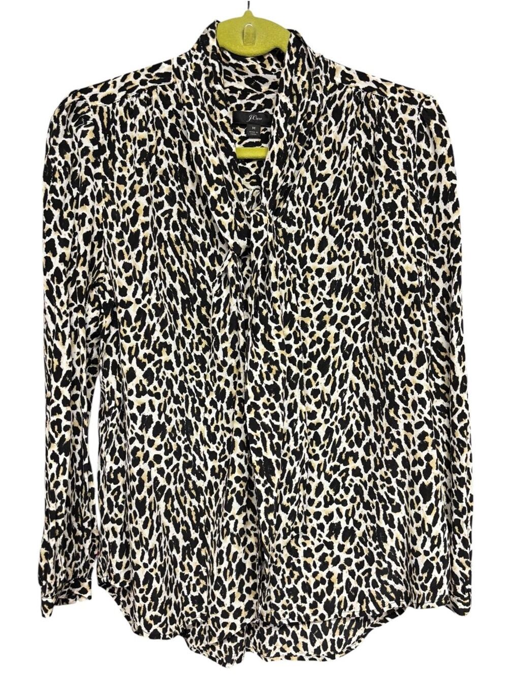 J.Crew 100% Silk Leopard Print Tie Neck Blouse Women’s Medium Bow Career Top